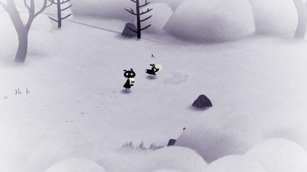 Gameplay screenshot from Koira, showing the main character and dog running through a snowy field.