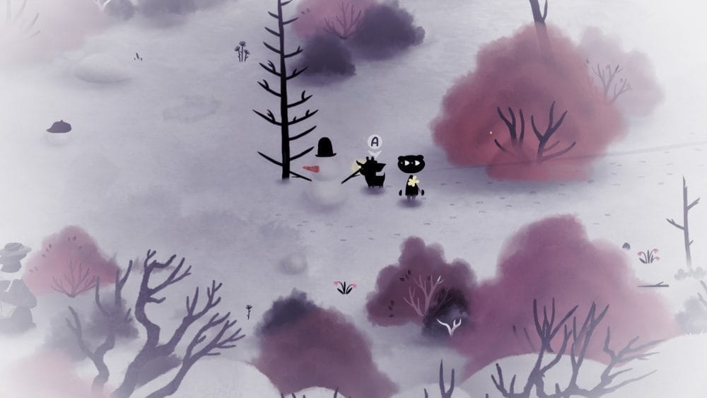 Gameplay screenshot from Koira, showing the main character and dog running making a snow man