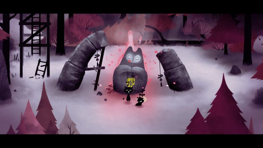 Gameplay screenshot showing the character clearing the red mist from a statue