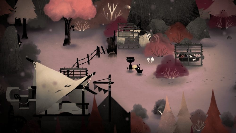 Gameplay screenshot from Koira, showing the main character and dog standing a a camp with a boar in a cage