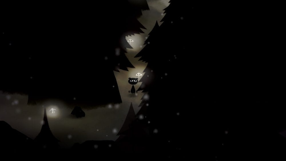 Gameplay screenshot from Koira, showing the main character stuck in the darkness of the woods.